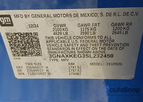 2025 Chevrolet Equinox Fwd Activ from USA, damaged, VIN 3GNAXKEG3SL232459